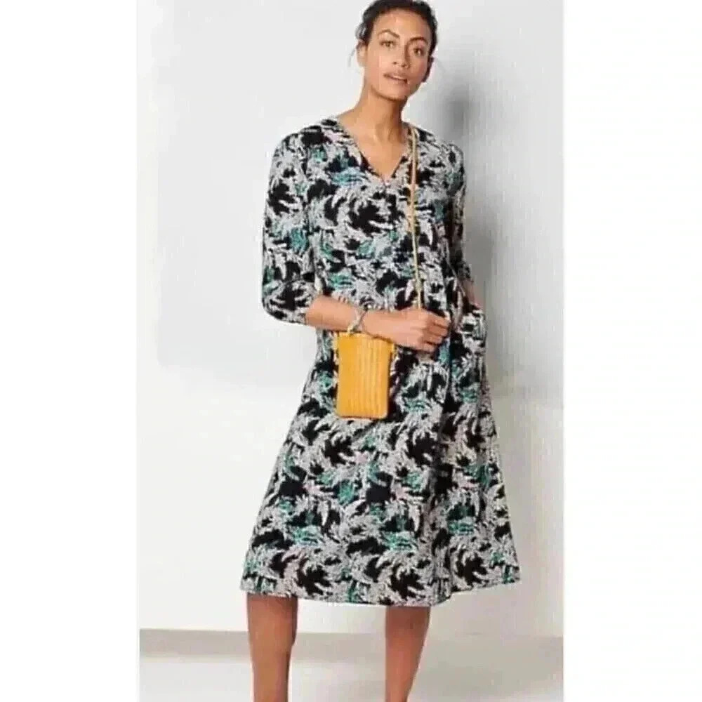J. Jill Dress Womens S Blue Green Floral Cotton Puff Sleeve Pockets Midi